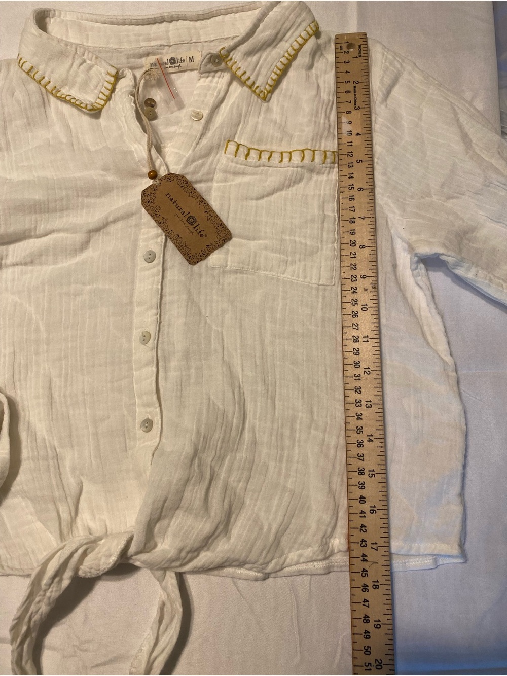 NWT NATURAL LIFE White Button-Front Tie Hem Shirt with Yellow Trim - Picture 2 of 6